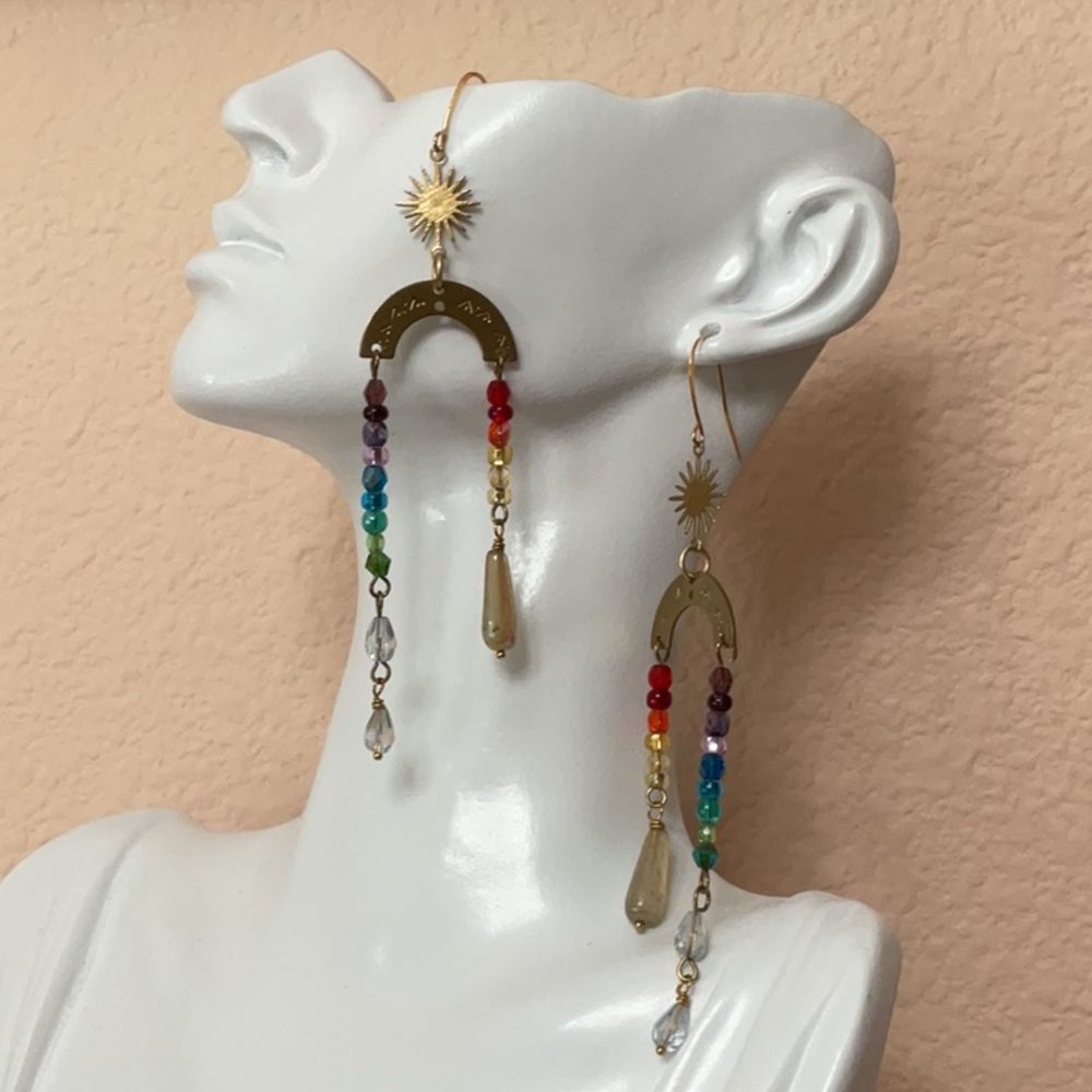 Brass Sun & Rainbow Bead Drop Earrings - Women Jewelry
